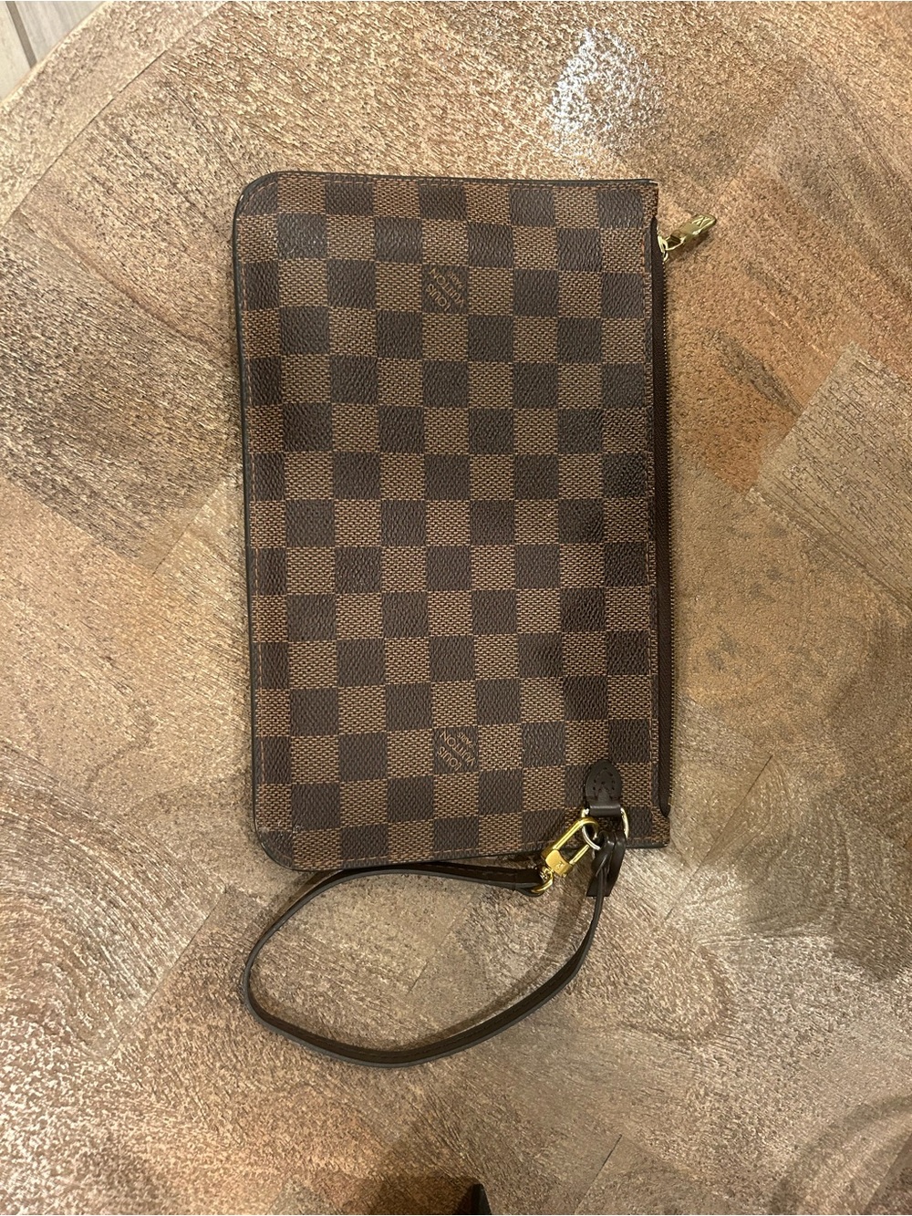Louis Vuitton Brown Checkered Wristlet Clutch with Gold Hardware